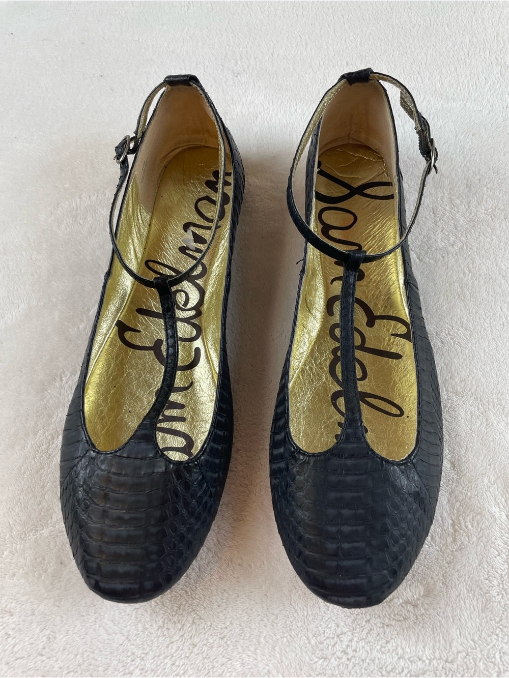 Sam Edelman Leather Black T-Strap Faux-Snakeskin Flats